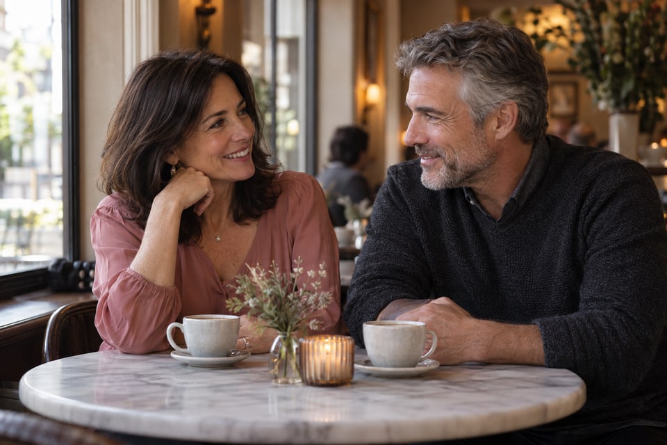 A fictional couple in their fifties smiling at each other over coffee.