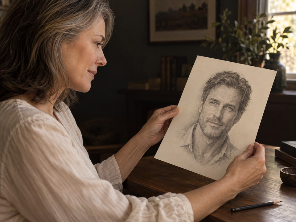 A fictional woman studying a pencil portrait of a man at her desk.