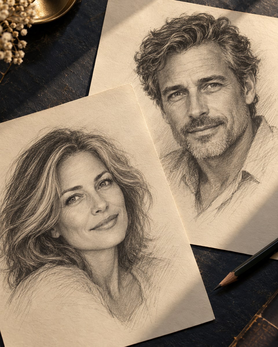 Two graphite pencil portraits of a fictional woman and man on cream paper.